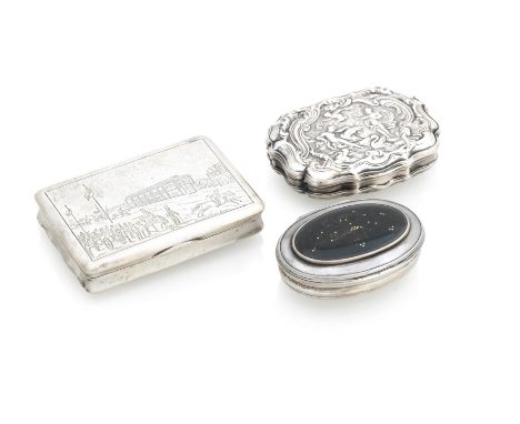 THREE CONTINENTAL SILVER SNUFFBOXESThe first with marks for Vienna, 1827, of rectangular form, the cover engraved with a view