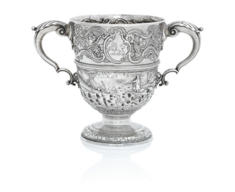 AN UNUSUAL IRISH SILVER TWO-HANDLED CUPBy Robert Calderwood, Dublin , circa 1750 Three marks: RC, Harp, Hibernia, date letter