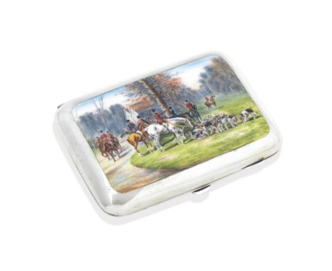 AN EDWARDIAN SILVER AND ENAMEL CHEROOT BOXBy Robert Chandler, Birmingham, 1901 The cover painted in enamel with a hunting sce