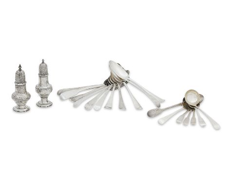 A COLLECTION Of SILVERVarious dates and makers Comprising two George III peppers, twelve George III table spoons, two dessert