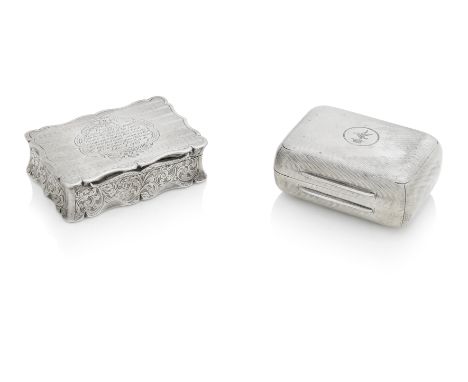 A VICTORIAN TABLE SILVER SNUFF BOXBy Hilliard & Thomason, Birmingham, 1853  Of shaped rectangular form, with engine-turned su