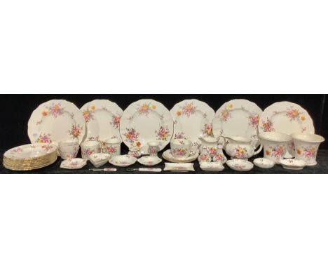 A pair of Royal Crown Derby Posies pattern flared cylindrical vases, six dinner plates, eight dessert plates, three piece cru