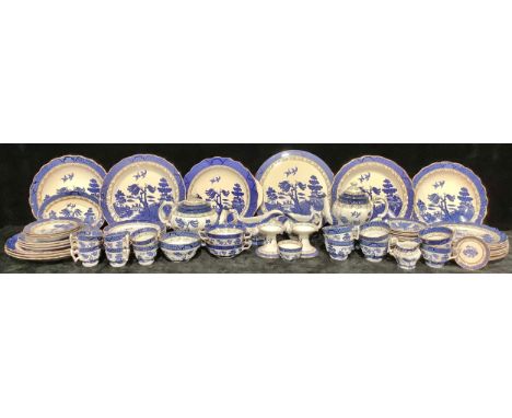 A Booths Real Old Willow part dinner, tea and coffee service comprising dinner plates, dessert plates, side plates, sauce boa