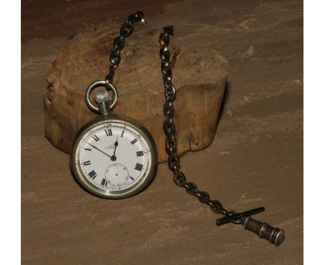 A 19th century steel Albert chain, 27.5cm long; a silver plated open faced pocket watch; a George V silver novelty fob, as a 