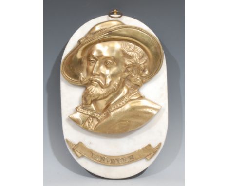 A 19th century gilt brass portrait plaque, depicting Sir Anthony Van Dyke (1599 - 1641), oval white marble mount, 29.5cm x 19