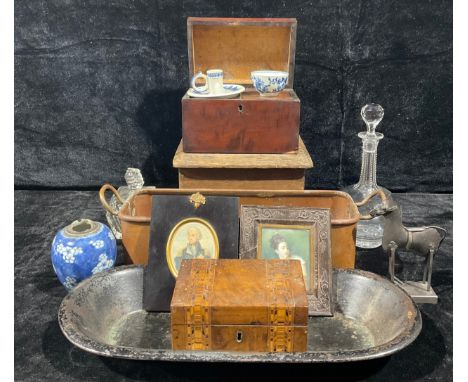 Boxes and Objects - a 19th century mahogany sarcophagus tea caddy; a walnut and parquetry rectangular box; a Worcester porcel