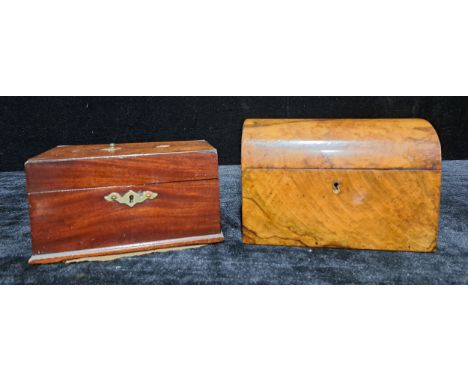 A 19th century walnut rectangular dome topped tea caddy, the hinged cover enclosing two lidded compartments, 23cm wide; a mah