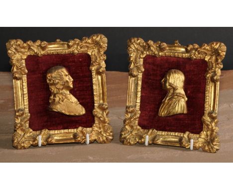Methodism - a pair of 19th century gilt metal portrait plaques, the rectangular plaques cast with fruiting acanthus, 13cm x 1