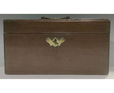 A George III mahogany rectangular tea caddy, hinged cover enclosing three compartments, brass carry handle, 24.5cm wide 