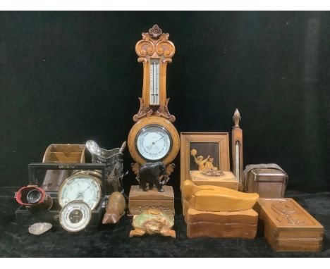 A carved oak wall barometer, E. Lennie, Optician, Edinburgh, 63cm high; other brass cased barometers; a Dr Forbes bath thermo