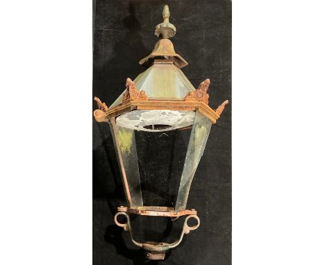 An early 20th century copper and iron street lantern or light, 103cm high 