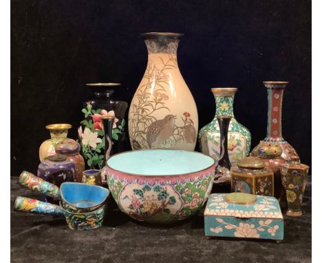 A Japanese cloisonne enamel baluster vase, decorated with quail amongst flowers, 31cm high, a/f; a pair of Japanese cloisonne