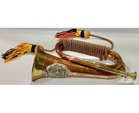 Militaria - a copper and brass military bugle, applied with the insignia of the Argyll and Sutherland Highlanders 