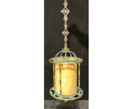 Lighting - a brass and alabaster cylindrical hall lantern 