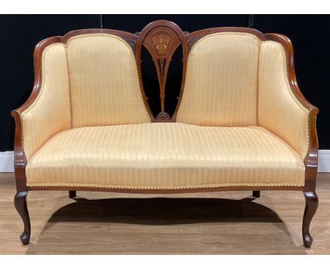 A French Hepplewhite style mahogany and marquetry sofa, 92.5cm high, 125.5cm wide, early 20th century 