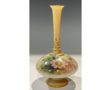 A Royal Worcester bottle vase, signed, painted with bramble and blossom, blush ivory accents, 18cm, shape number 1748, date c