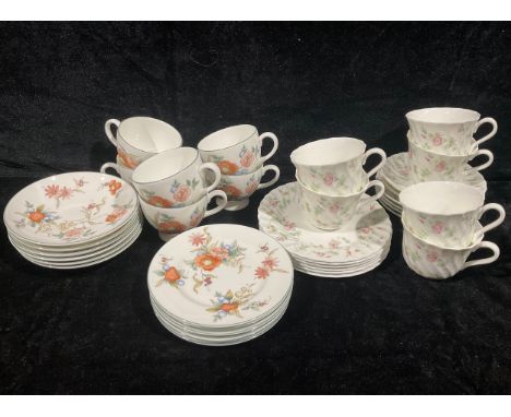 A Wedgwood Philippa pattern tea set, comprising six teacups, saucers and tea plates; a Wedgwood Rosehip pattern tea set for s