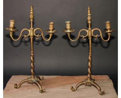 A pair of 19th century brass adjustable tripod two-light candelabra, spiral pillars, scroll feet, 45cm high 