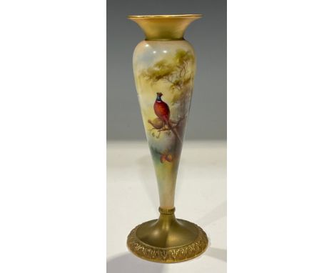 A Royal Worcester tapering cylindrical posy vase, painted by FJ Bray, signed, decorated with roosting pheasants in a gorse la