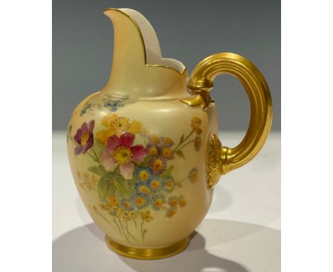A Royal Worcester Blush Ivory jug, picked out in gilt, 14cm, printed marks in puce, shape number 1094, date code for 1909 