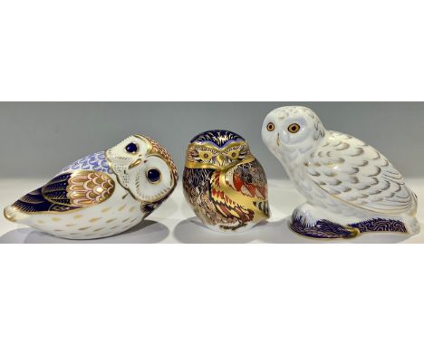 A Royal Crown Derby paperweights, Snowy Owl, Collector's Guild exclusive, gold stopper; others, Little Owl, gold stopper; Owl