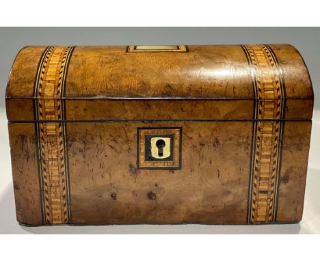 A Victorian walnut and marquetry banded dome top walnut tea caddy, rectangular mother of pearl cartouche, 20cm wide 