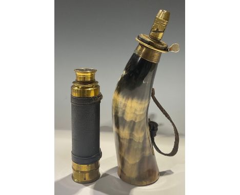 A brass three draw telescope, with lens cap; a horn shot flask (2) 