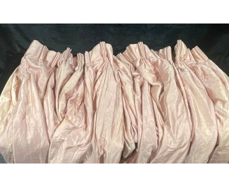 Textiles - a large pair of pink silk interlined curtains, 150cm length x 193cm width 