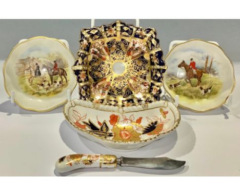 A Royal Crown Derby 2451 pattern shaped square trinket dish; a pair of hunting scene trinket dishes; an Asian Rose trinket di