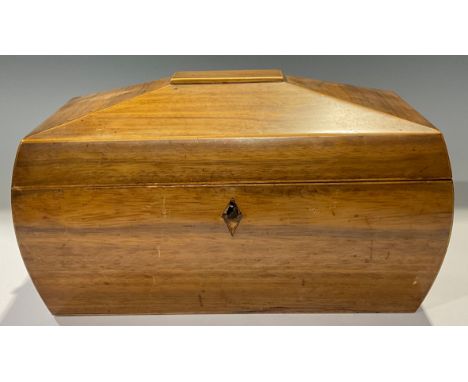 A Georgian rosewood sarcophagus tea caddy, hinged cover enclosing two lift out cannisters flanking a mixing bowl aperture, lo