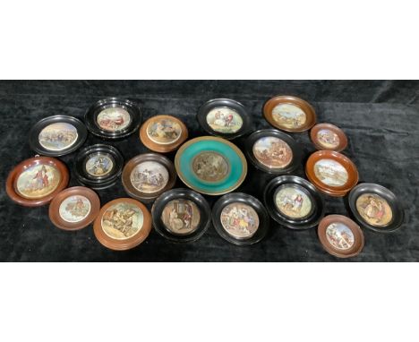 A collection of Staffordshire Prattware pot lids including Garibaldi, Sandringham, Transplanting Rice, Sebastopol, The Parish