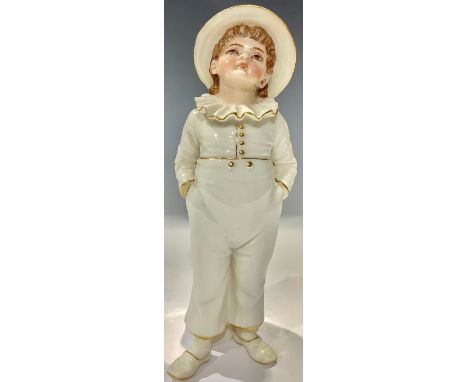 A Royal Worcester James Hadley figure, his boater hat pierced as a hat pin stand, 16.5cm, printed mark in green, dated 1884 