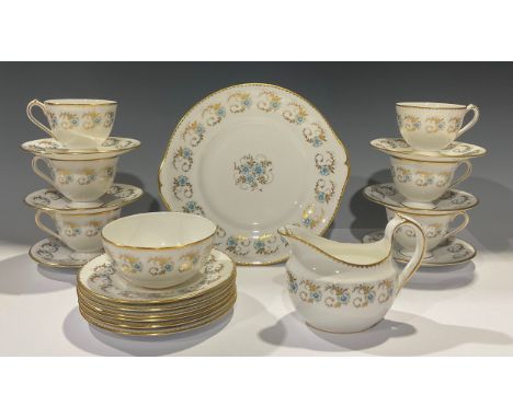 A Royal Crown Derby Blue Pimpernel pattern tea set, comprising six teacups, saucers and tea plates, milk jug, sugar bowl and 