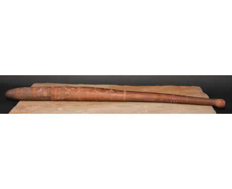 Tribal Art - an Australian Aboriginal nulla nulla digging stick or waddy club, incised and picked out in earth pigments with 