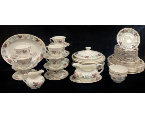 A Royal Doulton Camelot pattern dinner and tea service, comprising a pair of vegetable dishes and covers, oval serving plate,
