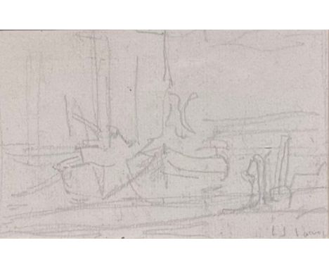 After LS LowryFishing Boatsbears signature, pencil sketch, 6cm x 9.5cm 