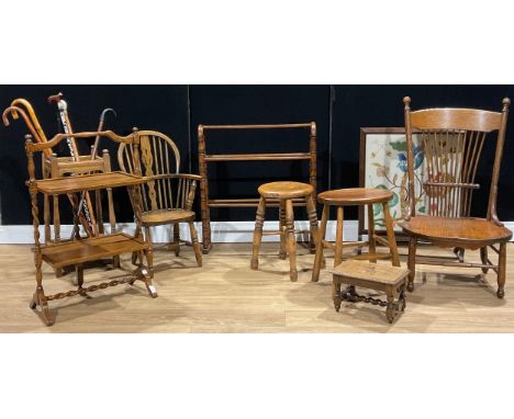 A child’s Windsor elbow chair; a beech and elm stool; an oak folding cake stand; chair; towel rail; stool; footstool; fire sc