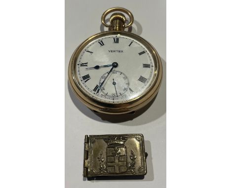 A gold plated Vertex open face pocket watch, Star Dennison case, railway interest, BR London Midland Region, presented for 45