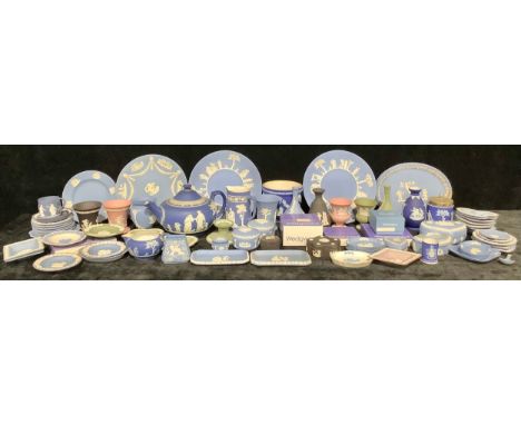 A quantity of Wedgwood jasperware, mostly blue, including vases, jugs, plates, trinket dishes, boxes and covers, etc, some bo