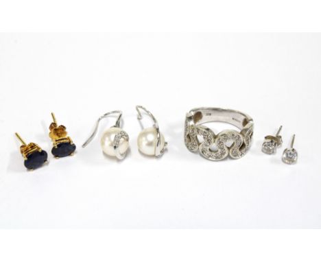 A 9ct white gold and diamond set ring together with a pair of 9ct white gold pearl and diamond drop earrings, a pair of 9ct w