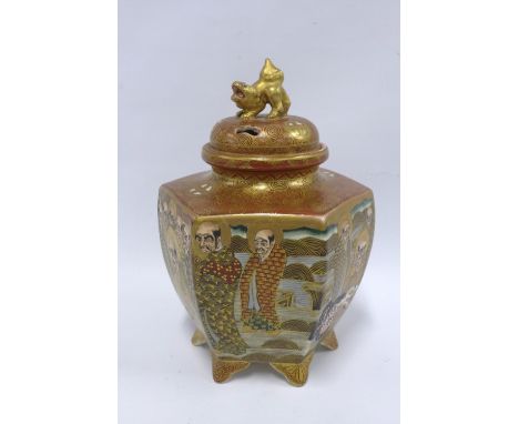 Japanese Satsuma koro, hexagonal with pierced cover and temple lion finial, 24cm (finial repaired)