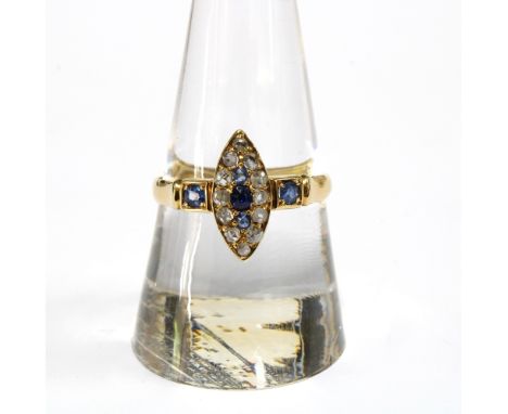Victorian 18ct gold diamond and sapphire ring with three central sapphires within a surround of twelve old cut diamonds with 