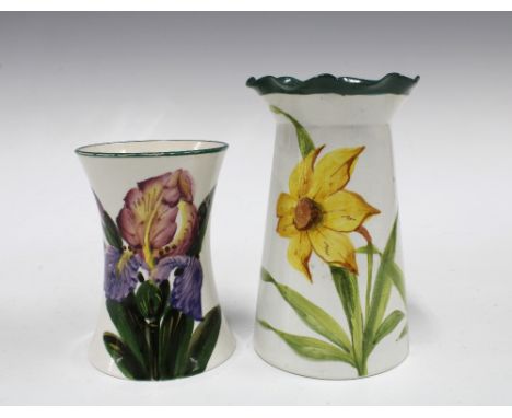 Wemyss ware handpainted vase with Irises pattern and another wemyss vase painted with daffodils, impressed marks (2) 9 x 15cm