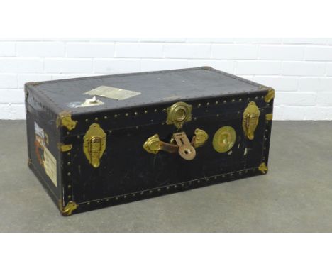Vintage travel trunk, brass fittings and old labels, 79 x 33 x x42cm. 