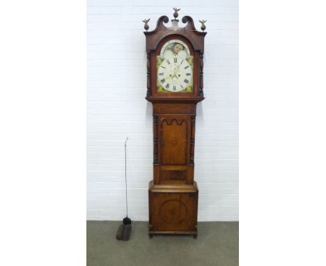 19th century longcase clock, broken swan neck top with mahogany hood and oak case, painted dial with subsidiary dial and date
