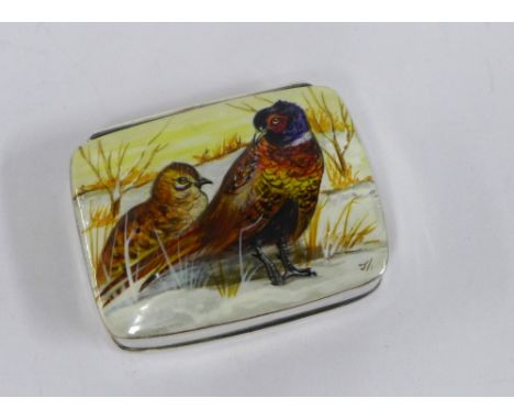 Hansford &amp; Ainsworth silver and enamel pill box, Birmingham 1995, painted with a pheasant and hen, signed with initials, 