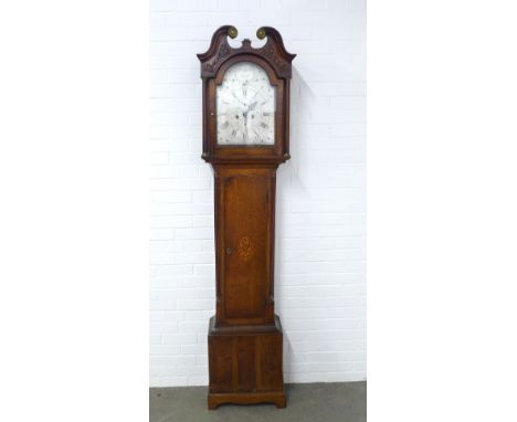 Scottish oak longcase clock by Patrick Gardner, Perth, broken swan neck over a silvered dial with subsidiary dials and Roman 