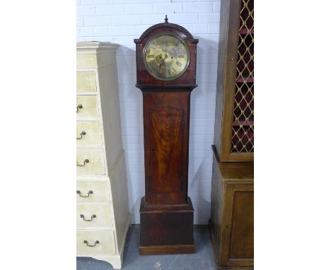 Flame mahogany drumhead longcase clock, 49 x 122 x 23cm. (no weights or pendulum) 