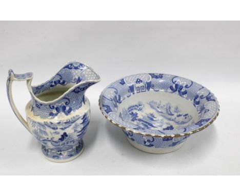 Staffordshire pottery blue and white transfer printed jug and basin set (2) (a/f) 