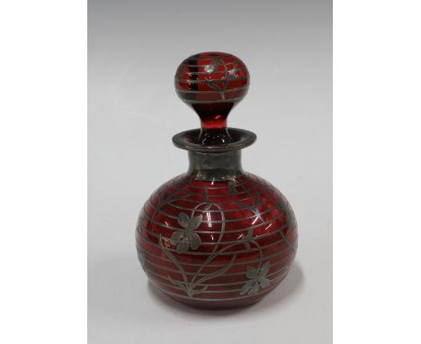 Ruby glass and silver overlay scent bottle and stopper, 11 x 17cm. 
